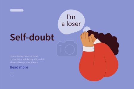 Illustration for Self doubt website concept. I'm a loser. Emotional burnout, depression and fatigue girl. Young woman feeling exhausted. Modern flat vector illustration - Royalty Free Image