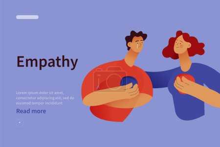 Illustration for Empathy and friendship website concept. Female comforting her sad male friend. Woman supports male with psychological problems. Modern vector flat illustration - Royalty Free Image
