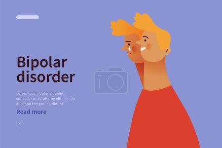 Illustration for Bipolar disorder website concept. Young man suffering from bipolar disorder, psychological diseases, schizophrenia. Happy young man, ghostly sad twin behind. Modern flat vector illustration. - Royalty Free Image