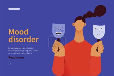 Mood disorder website concept. Woman choosing between two mood extremes masks. Modern flat vector illustration