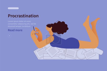 Illustration for Procrastination website concept. Woman with phone lies on documents and stationery oblivious to mess. Office worker spends working time on procrastination. Modern vector flat illustration - Royalty Free Image