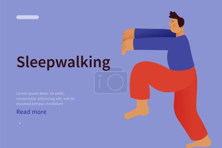 Illustration for Young man sleepwalking website concept. Somnambulist walking in his dream with raised hands isolated on white background. Modern flat vector illustration - Royalty Free Image