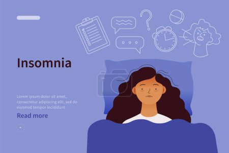 Illustration for Young woman suffers from insomnia. Website concept. Mental problems. Girl lying in bed, thinking about deadlines, upset day, can not relax. Modern vector illustration isolated on white background - Royalty Free Image