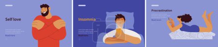 Illustration for Collection of banners. Self love, Insomnia, Procrastination. Mental disorders. Modern flat vector illustrations - Royalty Free Image