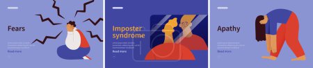 Illustration for Collection of banners. Fears, Imposter syndrome, Apathy. Mental disorders. Modern flat vector illustrations - Royalty Free Image