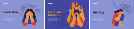 Illustration for Collection of banners. Frustration, Emotional burnout, Anxiety. Mental disorders. Modern flat vector illustrations - Royalty Free Image