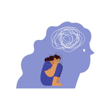 Illustration for Feeling trapped. Fears. Depressed and fatigue woman. Young woman feeling trapped. Modern flat vector illustration - Royalty Free Image