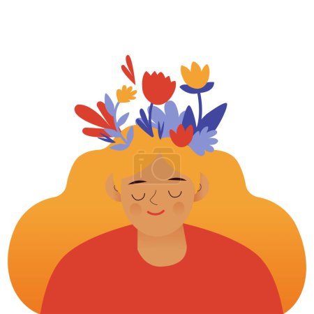 Illustration for Mental health, happiness, harmony creative abstract concept. Happy female head with flowers. Mindfulness, positive thinking, self care idea. Modern vector illustration - Royalty Free Image