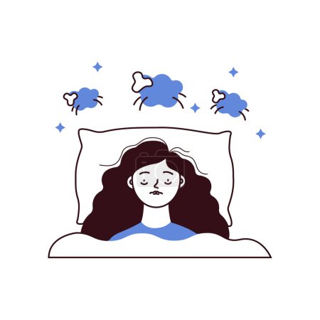 Illustration for Young woman suffers from insomnia. Mental problems. Girl lying in bed, thinking about sheep, can not relax. Black and white modern flat vector illustration - Royalty Free Image