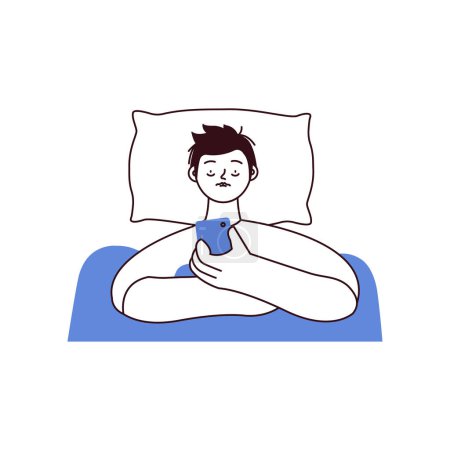 Illustration for Young man suffers from insomnia. Mental problems. Male lying in bed, using and scrolling cellphone, can not relax. Black and white modern flat vector illustration - Royalty Free Image