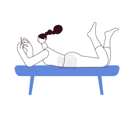 Illustration for Procrastination mental disorder concept. Woman with phone lies on sofa. Black and white modern flat vector illustration - Royalty Free Image