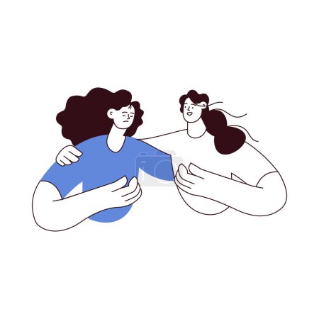 Illustration for Empathy and friendship concept. Female comforting her friend. Woman supports female with psychological problems. Black and white modern flat vector illustration - Royalty Free Image