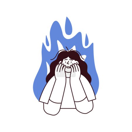 Illustration for Professional burnout syndrome. Woman in stress under pressure, fire on the background. Mental disorder problems. Black and white modern flat vector illustration - Royalty Free Image