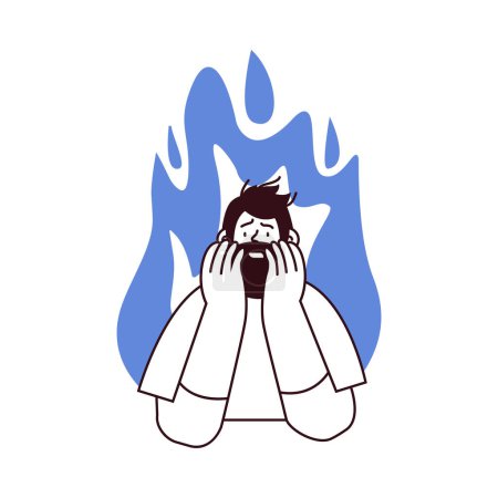 Professional burnout syndrome. Man in stress under pressure, fire on the background. Mental disorder problems. Black and white modern flat vector illustration