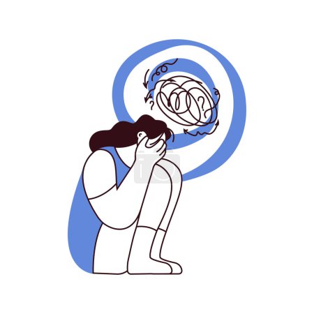 Illustration for Mental disorders illustration. Frustrated woman with nervous problem feel anxiety and confusion of thoughts, closing face with palms in despair. Black and white modern vector flat illustration - Royalty Free Image