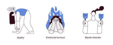 Mental health and psychology illustrations. Apathy, emotional burnout, mood disorder. Black and white modern flat vector illustration
