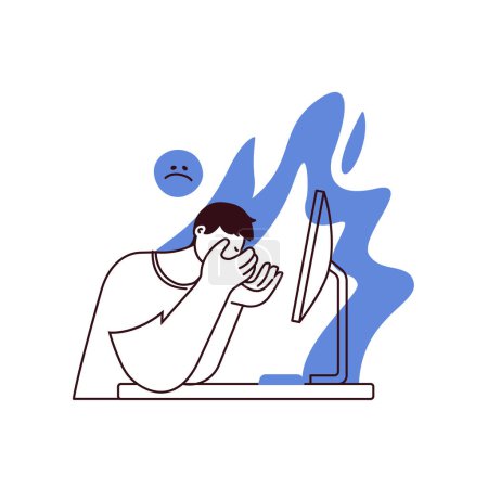 Professional burnout syndrome. Man in stress under pressure, unhappy emoji, fire on the background. Frustrated worker, mental disorder problems. Black and white modern vector flat illustration