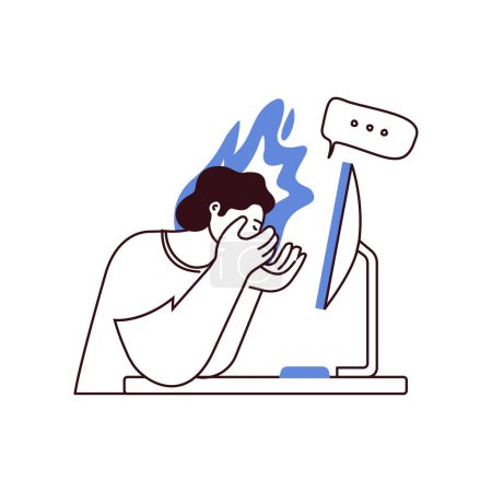 Illustration for Professional burnout syndrome. Man in stress under pressure, speech bubble, fire on the background. Frustrated worker, mental disorder problems. Black and white modern vector flat illustration - Royalty Free Image
