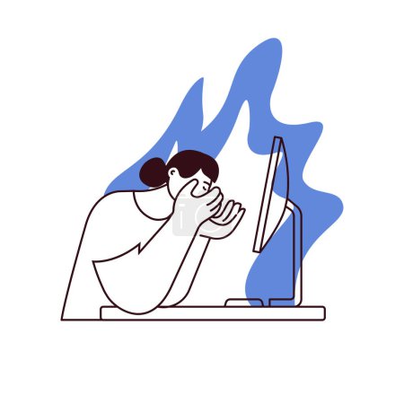 Professional burnout syndrome. Woman in stress under pressure, office desk, fire on the background. Frustrated worker, mental disorder problems. Black and white modern vector flat illustration
