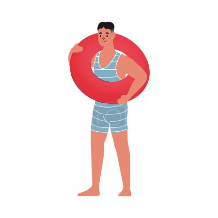 Modern flat vector illustration of young male standing with red swim tube, wearing blue vintage swim suit isolated on white background