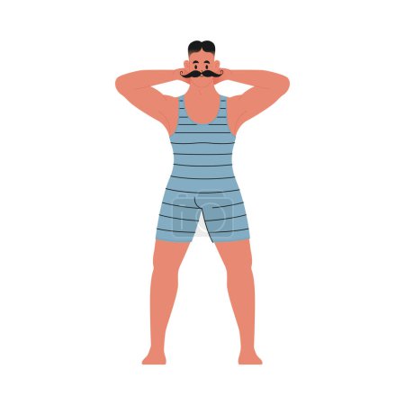 Téléchargez les illustrations : Illustration vectorielle plate moderne de jeune homme avec moustache debout devant, bras derrière la tête, vêtu d'un maillot de bain vintage bleu isolé sur fond blanc - en licence libre de droit
