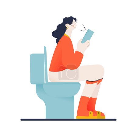 Illustration for Modern flat vector illustration of young woman pissing or pooping, holding smartphone. Girl sitting on toilet bowl in lavatory. Beautiful female person spending time in restroom - Royalty Free Image