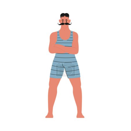 Ilustración de Moderna ilustración vectorial plana de un joven macho de pie delante con los brazos cruzados, con traje de baño vintage azul aislado sobre fondo blanco - Imagen libre de derechos