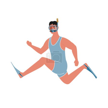 Illustration for Modern flat vector illustration of young male with mustache jumping, running and wearing snorkel mask and diving flipper, wearing blue vintage swim suit isolated on white background - Royalty Free Image