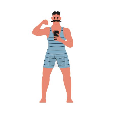 Téléchargez les illustrations : Illustration vectorielle plate moderne d'un jeune homme debout devant avec une moustache montrant ses biceps, tenant son smartphone et prenant un selfie, portant un maillot de bain vintage bleu isolé sur fond blanc - en licence libre de droit