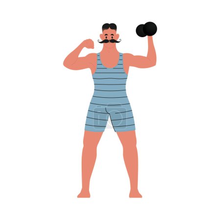 Modern flat vector illustration of young male standing front with mustache showing his biceps and holding dumbbell, wearing blue vintage swim suit isolated on white background