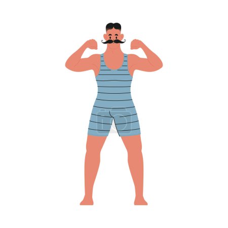 Modern flat vector illustration of young male standing front with mustache showing his biceps, wearing blue vintage swim suit isolated on white background