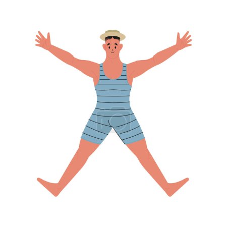 Modern flat vector illustration of young male jumping and wearing sun hat, wearing blue vintage swim suit isolated on white background