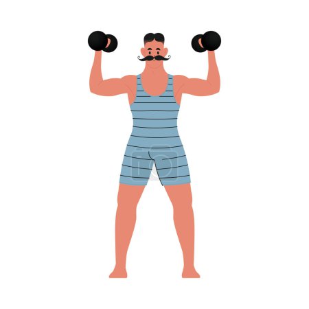 Illustration for Modern flat vector illustration of young male standing front with mustache showing his biceps and holding dumbbells, wearing blue vintage swim suit isolated on white background - Royalty Free Image