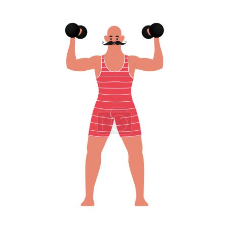 Illustration for Modern flat vector illustration of young bald male standing front with mustache showing his biceps and holding dumbbells, wearing red vintage swim suit isolated on white background - Royalty Free Image