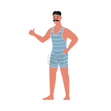 Illustration for Modern flat vector illustration of young male standing showing thumbs up, wearing blue vintage swim suit isolated on white background - Royalty Free Image