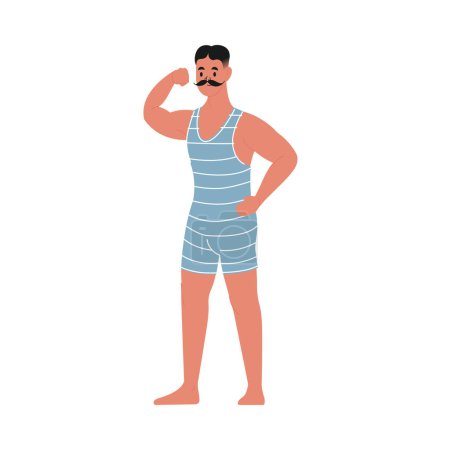 Ilustración de Moderna ilustración vectorial plana de hombre joven con bigote mostrando sus bíceps, llevando traje de baño vintage azul aislado sobre fondo blanco - Imagen libre de derechos
