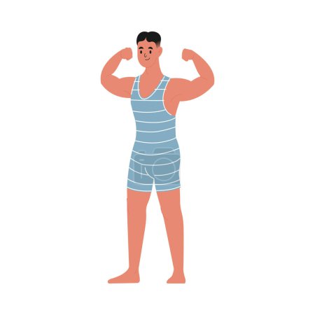 Ilustración de Moderna ilustración vectorial plana del joven macho mostrando sus bíceps, llevando traje de baño vintage azul aislado sobre fondo blanco - Imagen libre de derechos