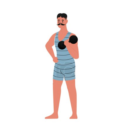Modern flat vector illustration of young male standing with mustache showing his biceps and holding dumbbell, wearing blue vintage swim suit isolated on white background
