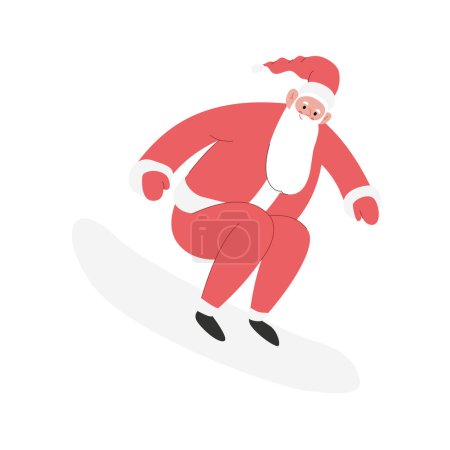 Modern flat vector illustration of cheerful Santa Claus surfing on a wave, wearing red clothes