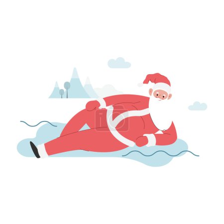 Ilustración de Moderna ilustración vectorial plana de Santa Claus alegre acostado, con ropa roja, la actividad de Navidad en el fondo de invierno - Imagen libre de derechos