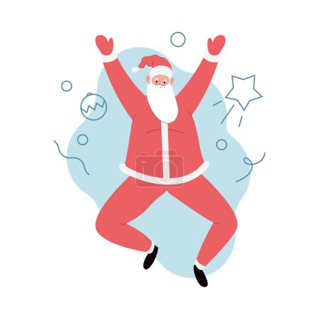 Téléchargez les illustrations : Illustration vectorielle plate moderne du Père Noël joyeux sautant, portant des vêtements rouges, fond de Noël - en licence libre de droit