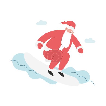 Moderne flache Vektordarstellung des fröhlichen Weihnachtsmannes, der auf einer Welle surft und rote Kleidung trägt