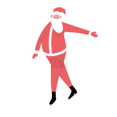 Téléchargez les illustrations : Illustration vectorielle plate moderne de joyeux patinage sur glace du Père Noël, portant des vêtements rouges - en licence libre de droit