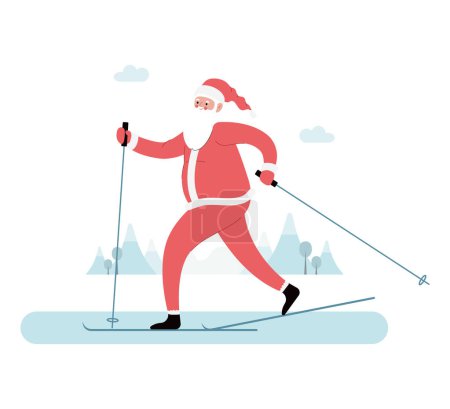 Moderne flache Vektordarstellung des fröhlichen Weihnachtsmannes beim Skifahren, in roter Kleidung, Weihnachtsaktivität auf winterlichem Hintergrund