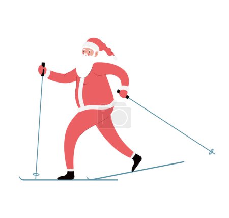 Illustration for Modern flat vector illustration of cheerful Santa Claus skiing, wearing red clothes - Royalty Free Image