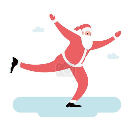 Téléchargez les illustrations : Illustration vectorielle plate moderne du patinage sur glace joyeux du Père Noël, portant des vêtements rouges, activité de Noël sur fond blanc - en licence libre de droit