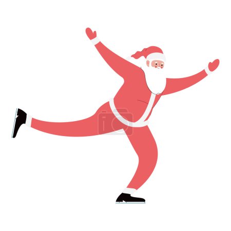 Illustration for Modern flat vector illustration of cheerful Santa Claus ice skating, wearing red clothes - Royalty Free Image