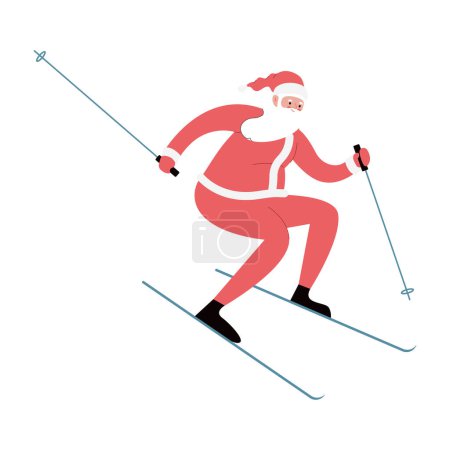 Téléchargez les illustrations : Illustration vectorielle plate moderne du joyeux Père Noël skiant en descente, portant des vêtements rouges - en licence libre de droit