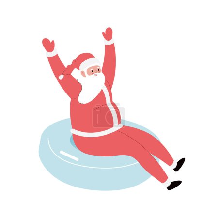 Moderne, flache Vektordarstellung des fröhlichen Weihnachtsmannes auf Schneeschläuchen, der am Hang hinuntergleitet und rote Kleidung trägt