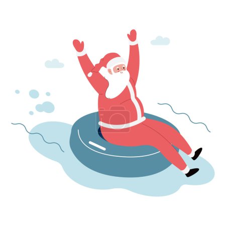 Modern flat vector illustration of cheerful Santa Claus on snow tubing sliding down on slope, wearing red clothes, xmas activity on illustrative background